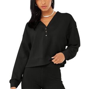 Alo Black Micro Waffle Henley Long Sleeve Crop Top